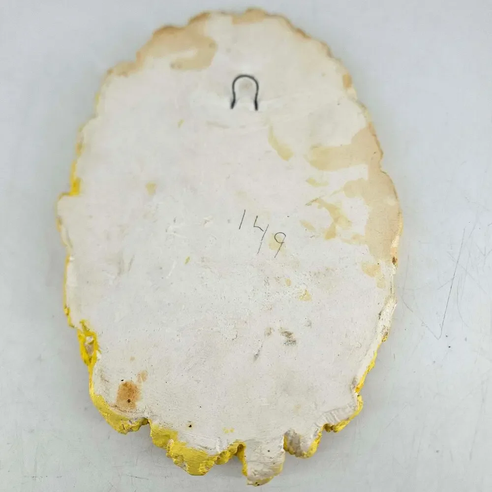 Mid Century vintage chalkware wall plaque yellow orange flower butterfly